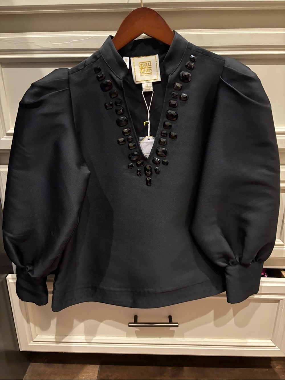 Emily McCarthy Embellished Black V-Neck Puff Sleeve Top, size small, NEW